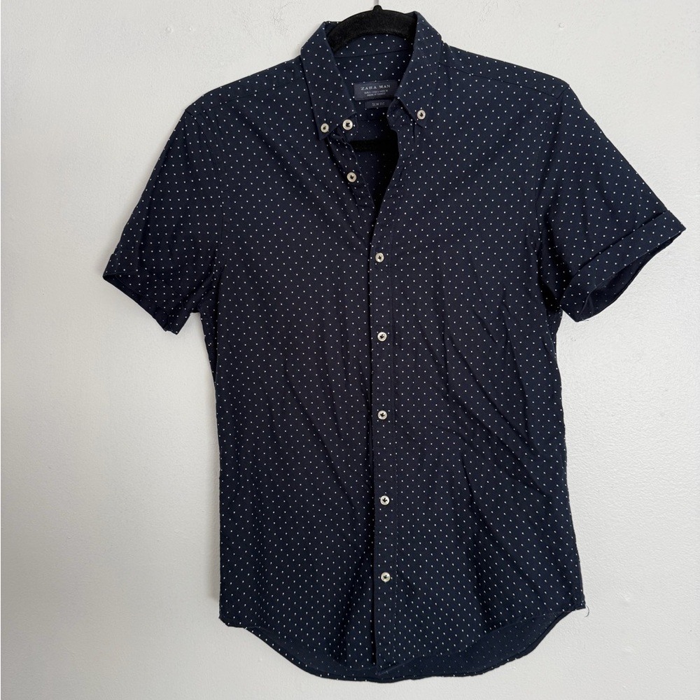 Zara Navy Button-Down Short Sleeve Shirt with White Micro Dots